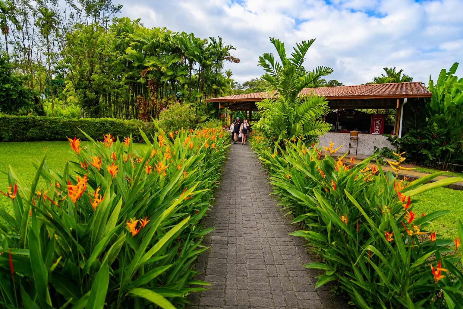 Lush flower-lined pathway through the resort gardens
